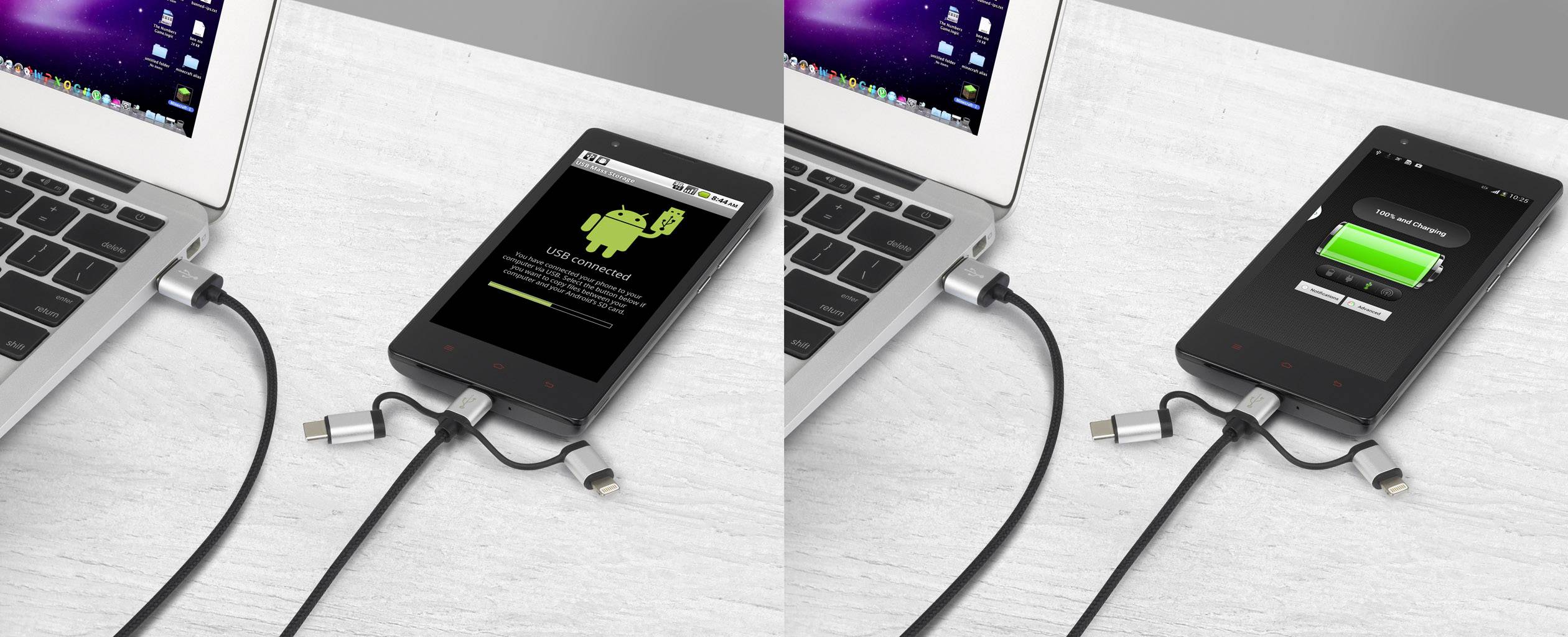 Un smartphone est connecté à un ordinateur portable via un câble USB et affiche un état de charge et une notification de mise à jour Android sur son écran.