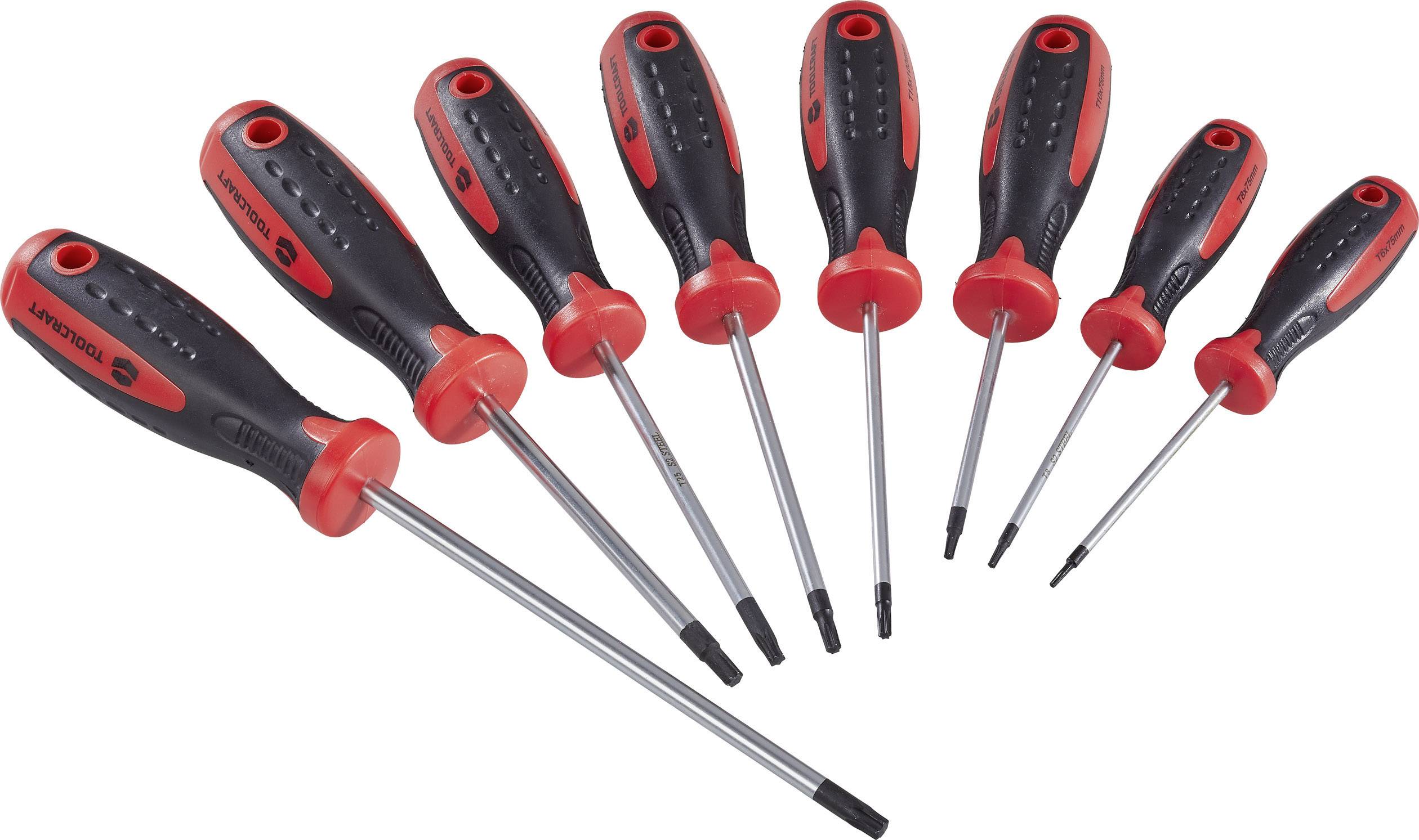 Un ensemble de huit tournevis de différentes tailles, avec des poignées noires et rouges, disposés en éventail.