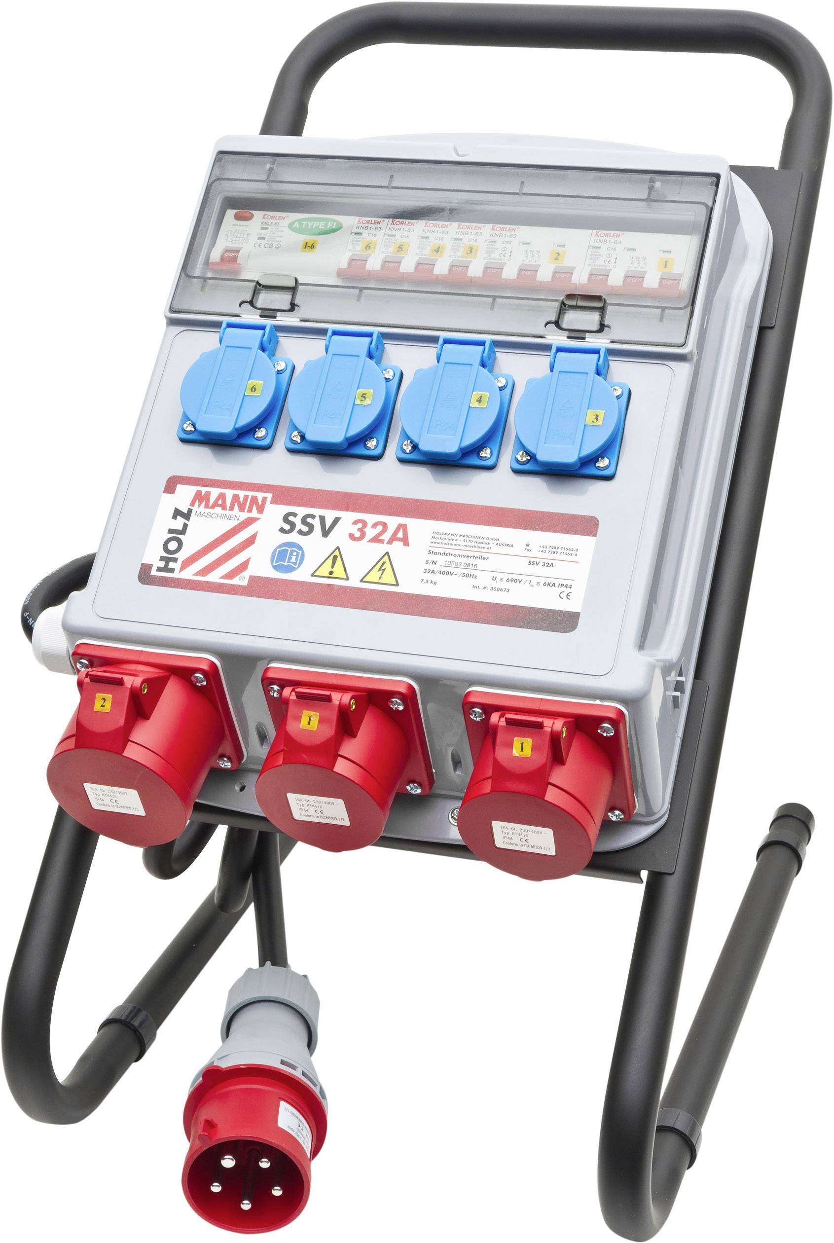 Distributeur électrique mobile avec plusieurs prises bleues et rouges, adapté aux chantiers.