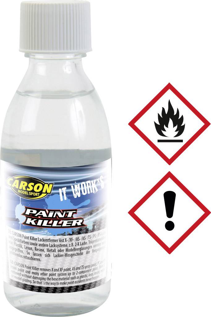 Bouteille de solvant 'Carson Paint Killer', à côté des symboles de danger pour inflammable et irritant.