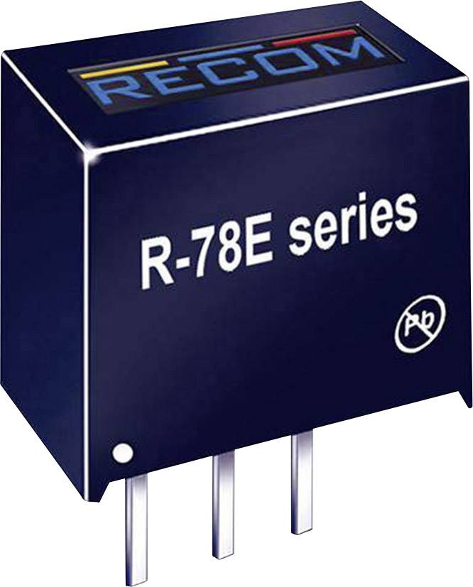 Régulateurs de tension série R-78E de RECOM, boîtier noir avec trois connexions argentées. Adaptés aux applications électroniques.