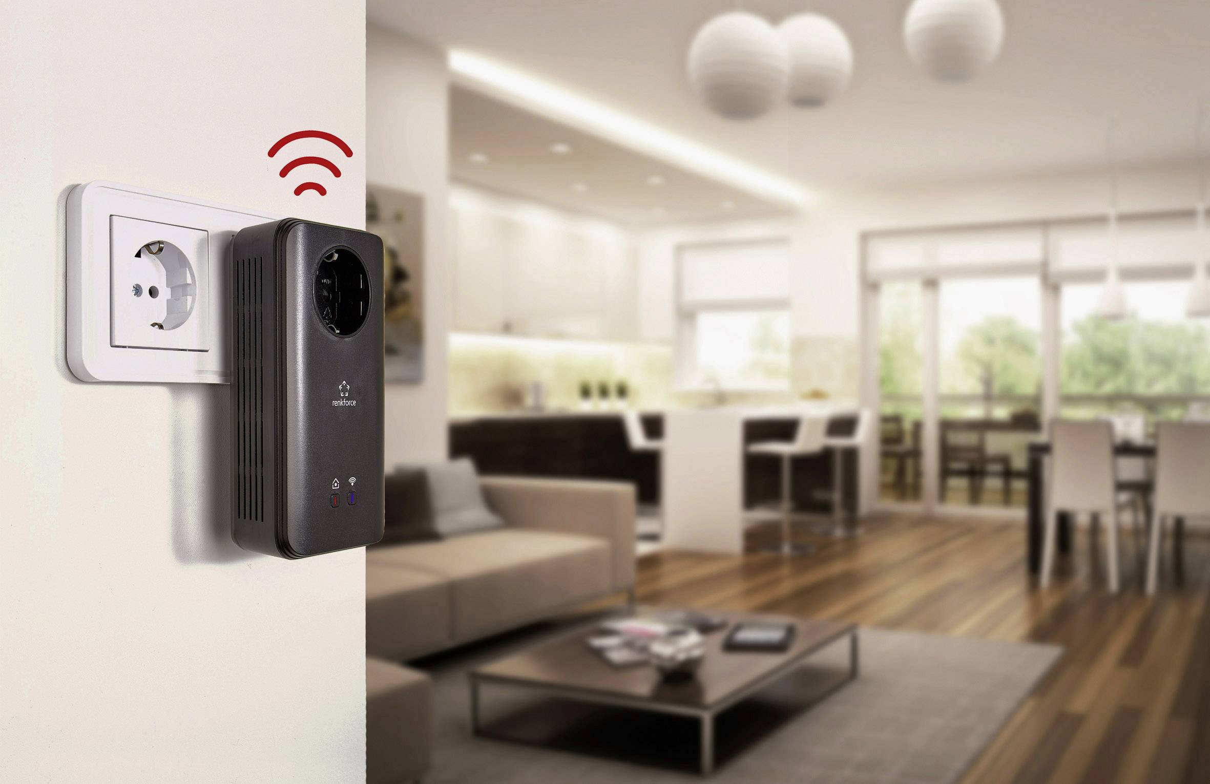 Un répéteur Wi-Fi est branché dans une prise électrique dans un salon moderne. Des lignes ondulées rouges indiquent le signal sans fil.