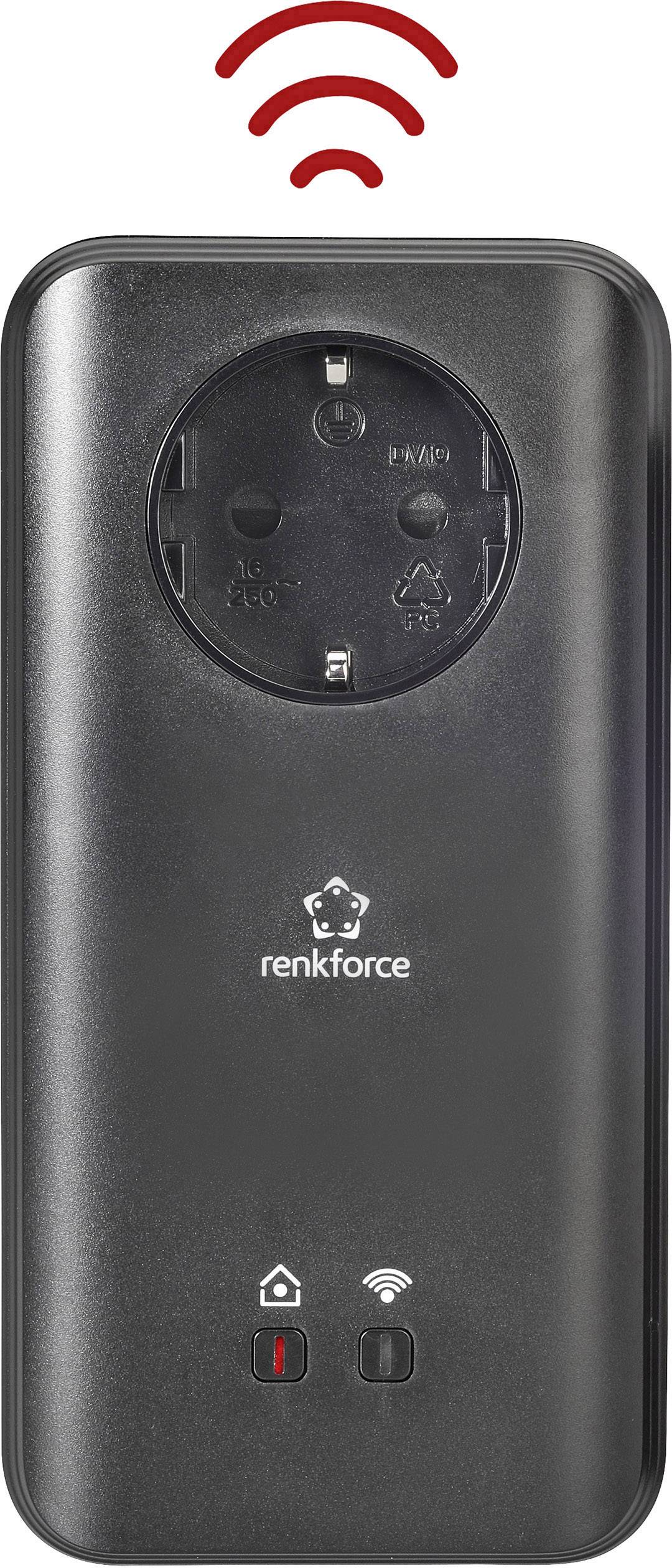 Adaptateur de prise Renkforce avec symbole Wi-Fi en haut ; permet le contrôle sans fil d'appareils électroniques.