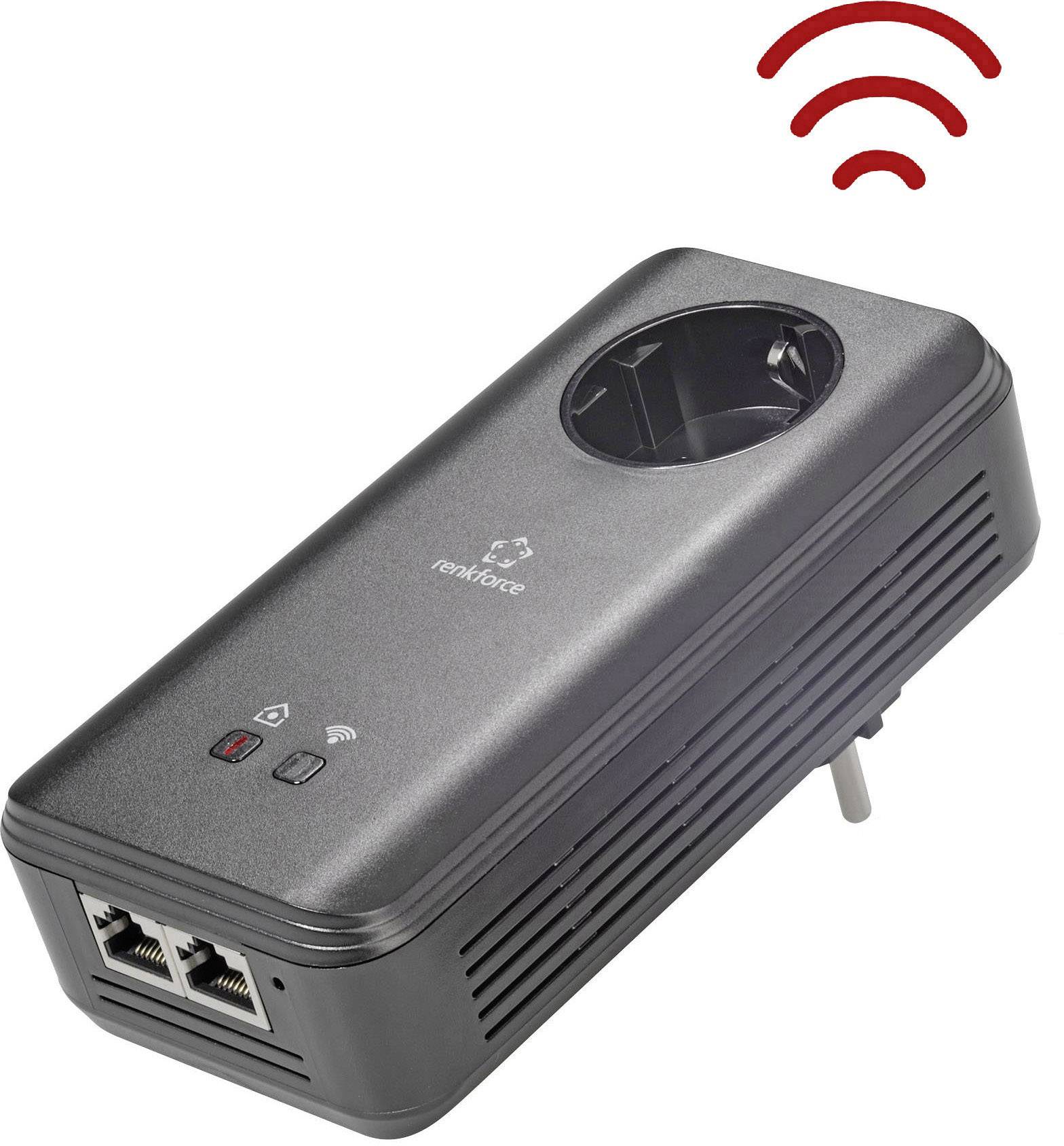 Répéteur Wi-Fi noir avec prise électrique, deux ports Ethernet et symbole Wi-Fi. Marquage « realforce » dessus.