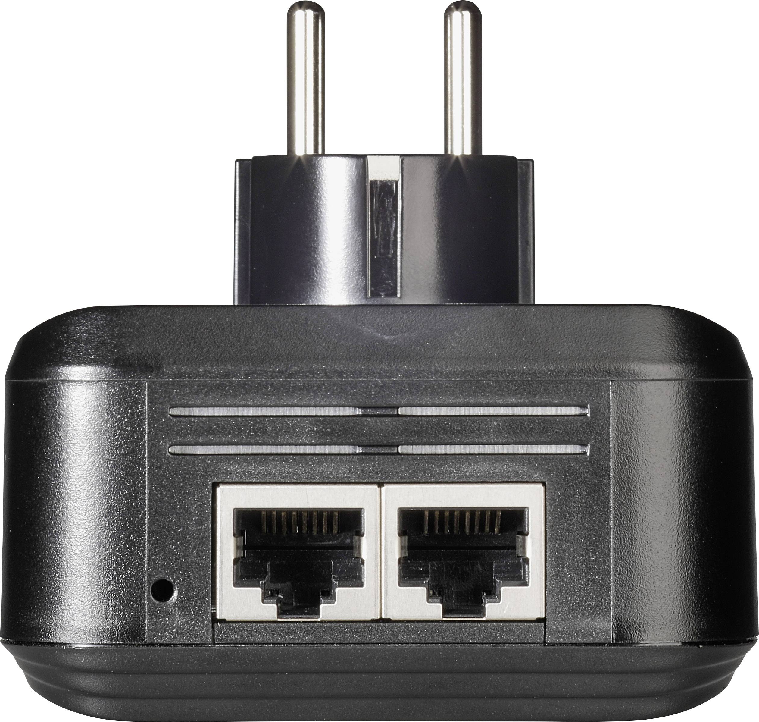 Adaptateur réseau noir avec deux ports Ethernet et fiche européenne, adapté pour la connexion à un réseau domestique.