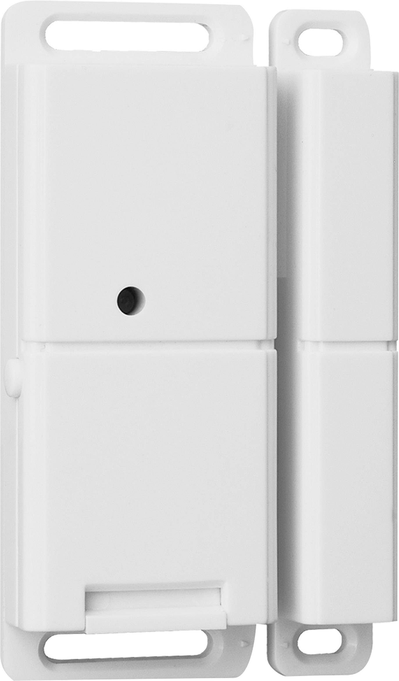 Un contact de porte ou de fenêtre magnétique blanc composé de deux éléments rectangulaires pour la surveillance de sécurité.