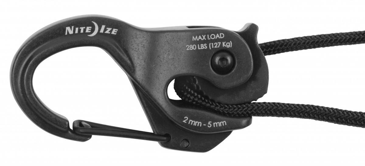 Mousqueton avec corde, marque Nite Ize, charge maximale de 127 kg, adapté pour les cordes de 2 mm à 5 mm.