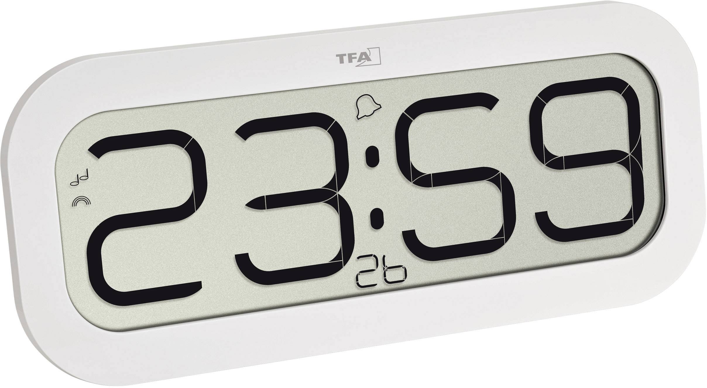 Horloge numérique affichant '23:59'. Chiffres noirs de grande taille sur fond gris. Symboles de réveil et d'horloge visibles.