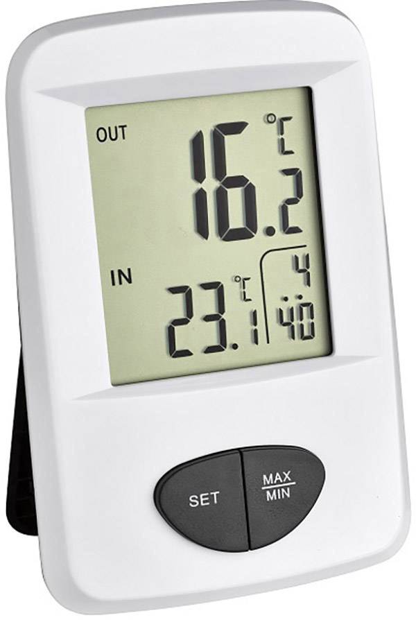Thermomètre numérique affiche une température extérieure de 16,2°C et une température intérieure de 23,1°C. Touches pour les paramètres et l'affichage des valeurs maximales/minimales.