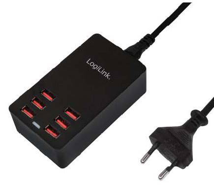 Chargeur noir avec sept ports USB et fiche européenne ; marquage 'LogiLink' sur la surface.