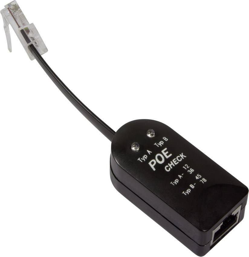 Un testeur PoE noir avec une connexion Ethernet et un câble doté d'une fiche RJ45, utilisé pour les tests réseau.