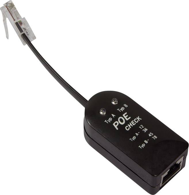 Un testeur POE noir avec un câble réseau est représenté, marqué 'Type A, Type B, POE CHECK' et portant des désignations spécifiques de brochages.