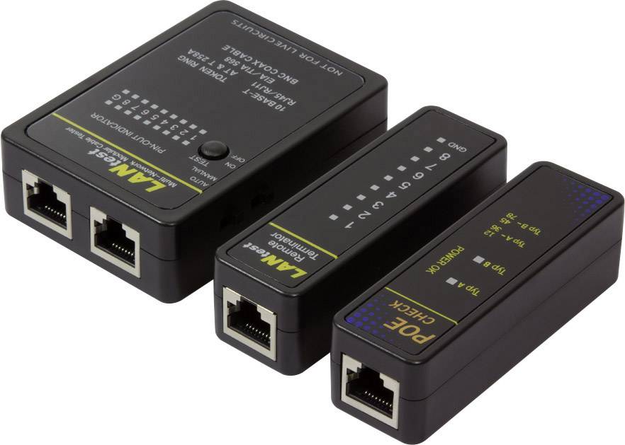 Trois testeurs réseau noirs avec des ports et des affichages. Le premier a un écran, le deuxième plusieurs voyants LED, le troisième est plus compact.