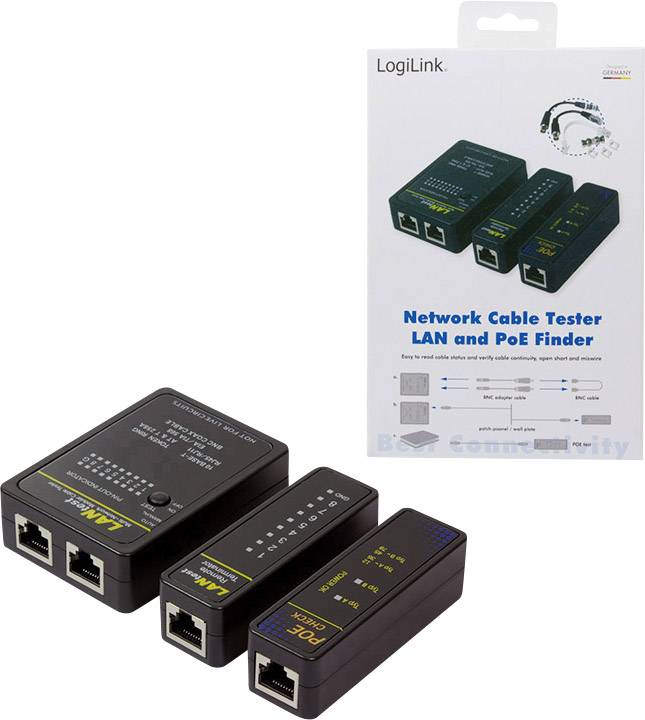 Testeur de câble réseau LAN et détecteur PoE de LogiLink, comprenant des appareils de diagnostic de câbles, avec des voyants LED et des ports de connexion. L'emballage présente une image du produit et ses fonctionnalités.