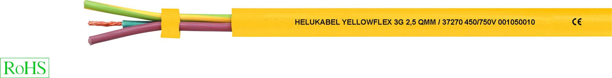 Câble jaune avec trois extrémités de fils apparentes en rouge, jaune-vert et violet. Inscription : 'Helukabel Yellow Flex 3G 2,5 qmm'. Logo RoHS à gauche.