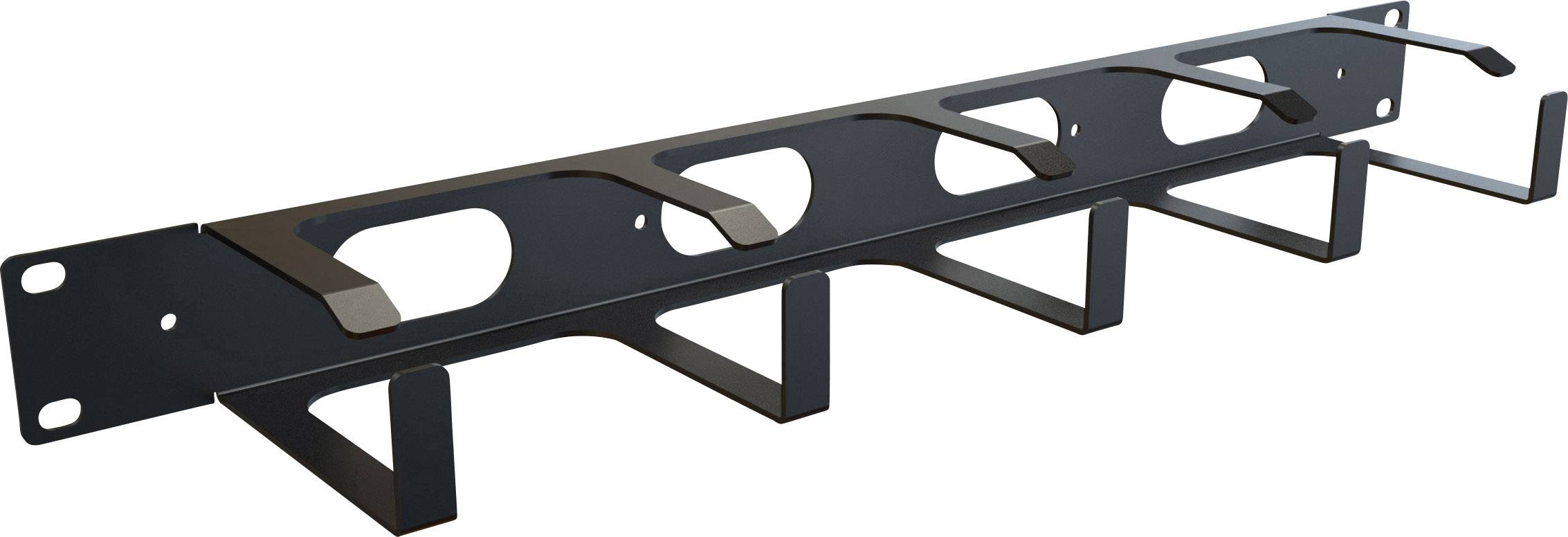 Gestionnaire de câbles noir pour un acheminement propre des câbles dans un système de rack, doté de plusieurs crochets et supports.