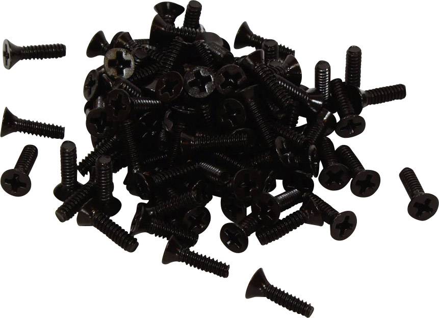 Un tas de vis cruciformes noires de différentes tailles sur un fond blanc.