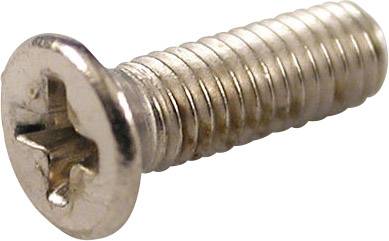 Une vis cruciforme à tête fraisée en argent avec filetage complet, vue en biais depuis le haut sur un fond blanc.