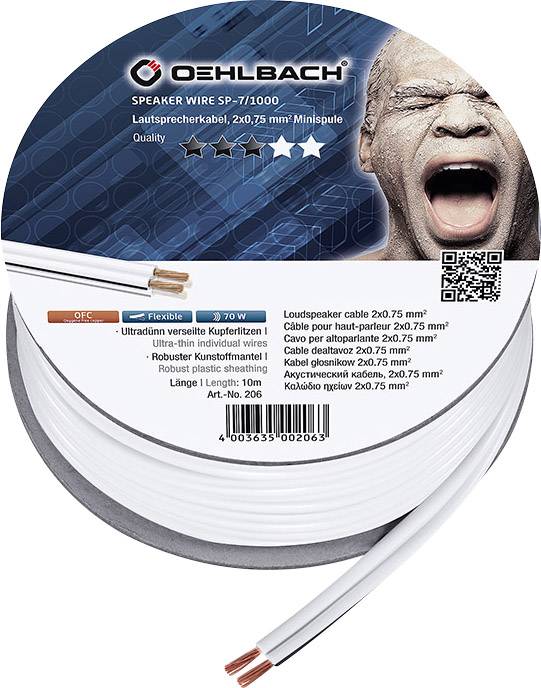 Câble d'enceinte de marque Oehlbach, 2x0,75 mm², longueur : 10 m. Adapté aux haut-parleurs avec conducteur en cuivre flexible, puissance maximale de 70 W.