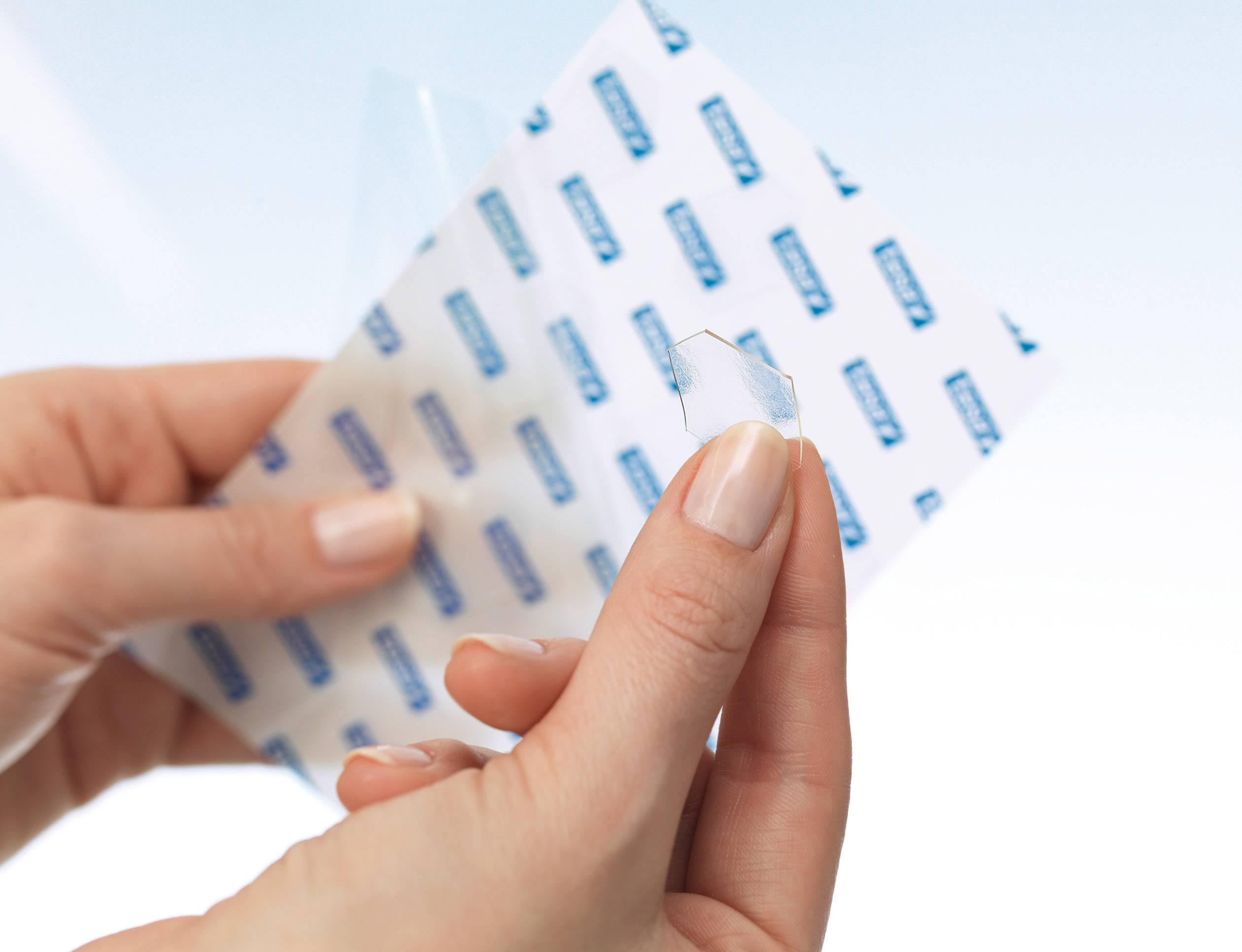 Deux mains tiennent une feuille transparente hexagonale et une grande feuille de protection perforée dans l'autre main.