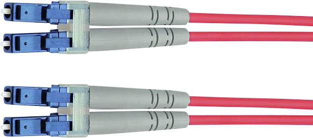 Deux câbles à fibre optique rouges avec des connecteurs bleus, disposés parallèlement et prêts à établir une connexion réseau.