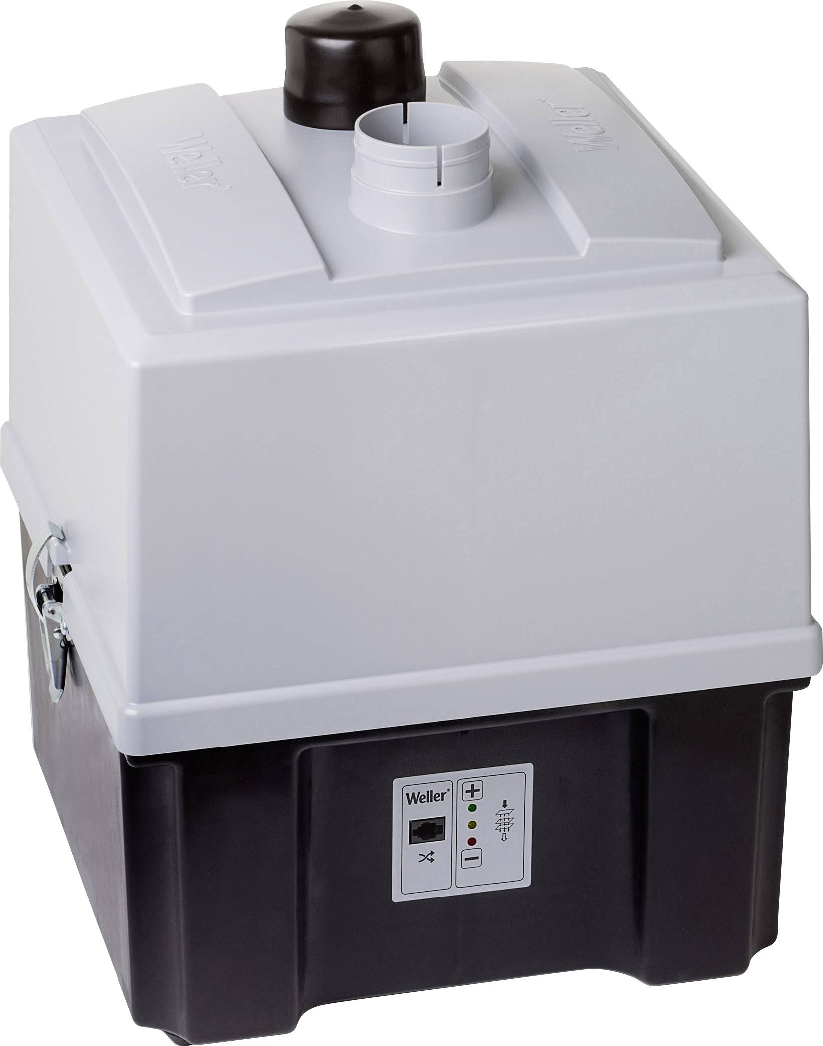 Un appareil électrique de filtration d'air avec un boîtier de base noir et un couvercle gris, doté en haut d'un raccordement pour tuyaux.