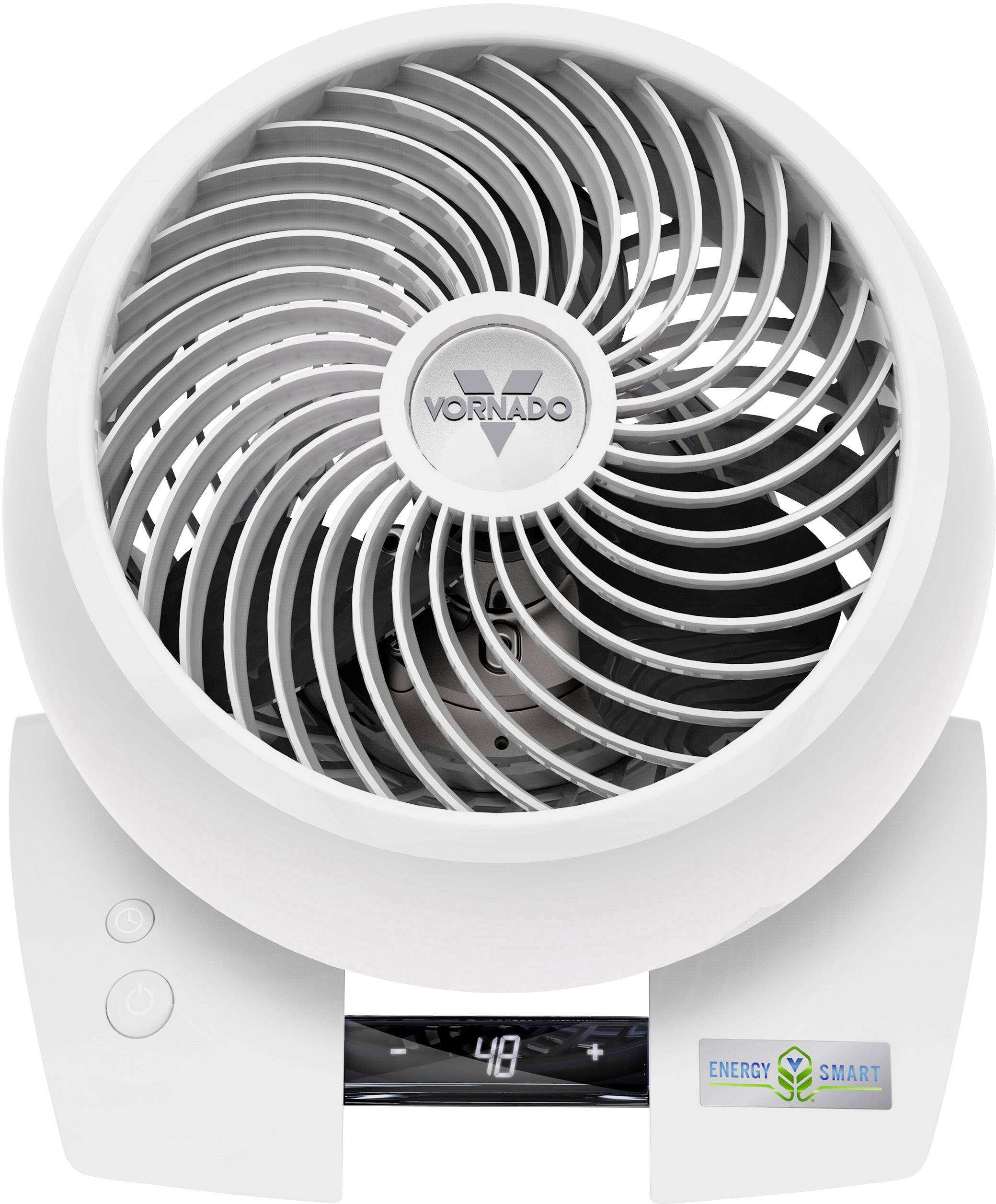 Ventilateur de table blanc vu de dessus, avec un panneau de commande visible, deux boutons et le logo 'Energy Smart'.
