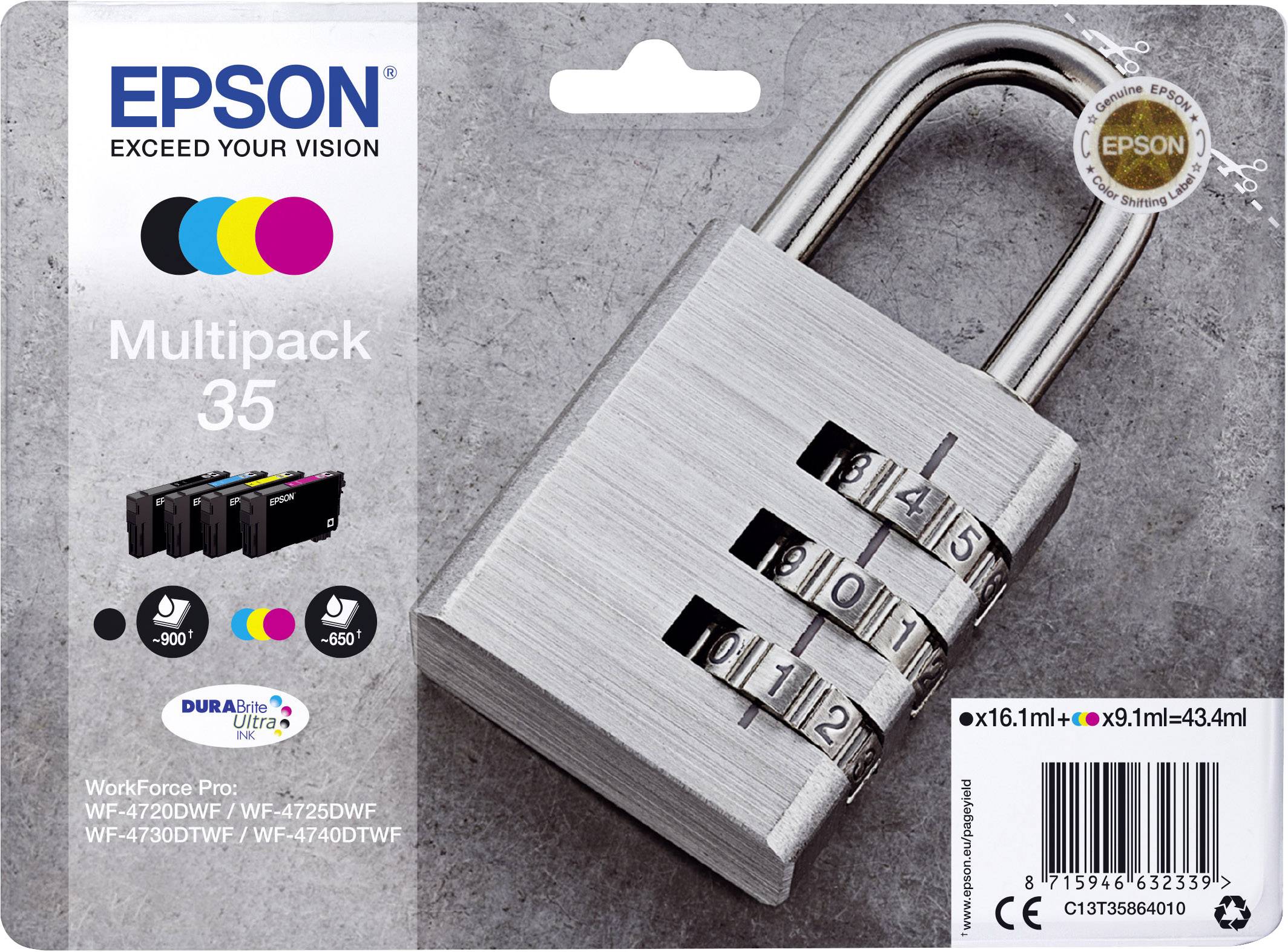 Epson Encre T3586, 35 d'origine pack bundle noir, cyan, magenta, jaune C13T35864010