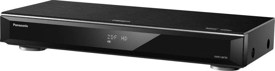 Enregistreur Blu-ray Panasonic DMR-UBC90 noir, affichant 'ZDF HD' sur l'écran, design moderne avec surface lisse.