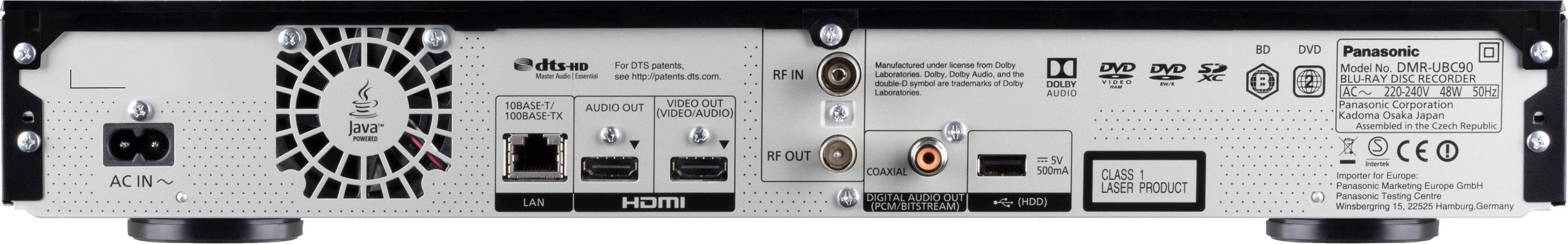 Vue arrière d'un enregistreur DVD Panasonic DMR-EX97 montrant les connexions : HDMI, LAN, SCART, sortie audio coaxiale et ventilateur.