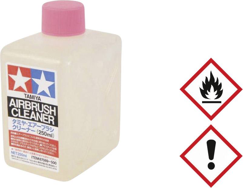Bouteille avec l'inscription 'Tamiya Airbrush Cleaner', 250 ml. Deux symboles de danger : Flamme (inflammable), Point d'exclamation (dangereux).