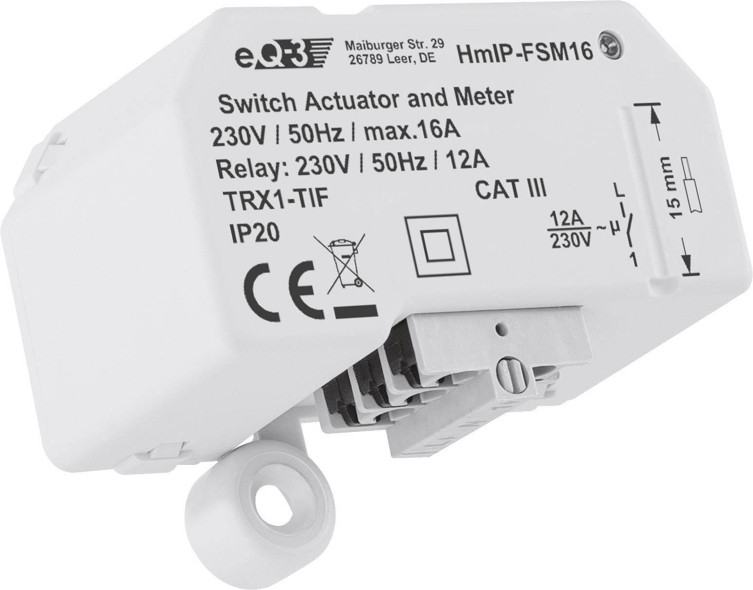 Actionneur électronique avec fonction de mesure, 230V, max. 16A, protection IP20, adapté pour les espaces intérieurs, montable sur rail de 15mm.