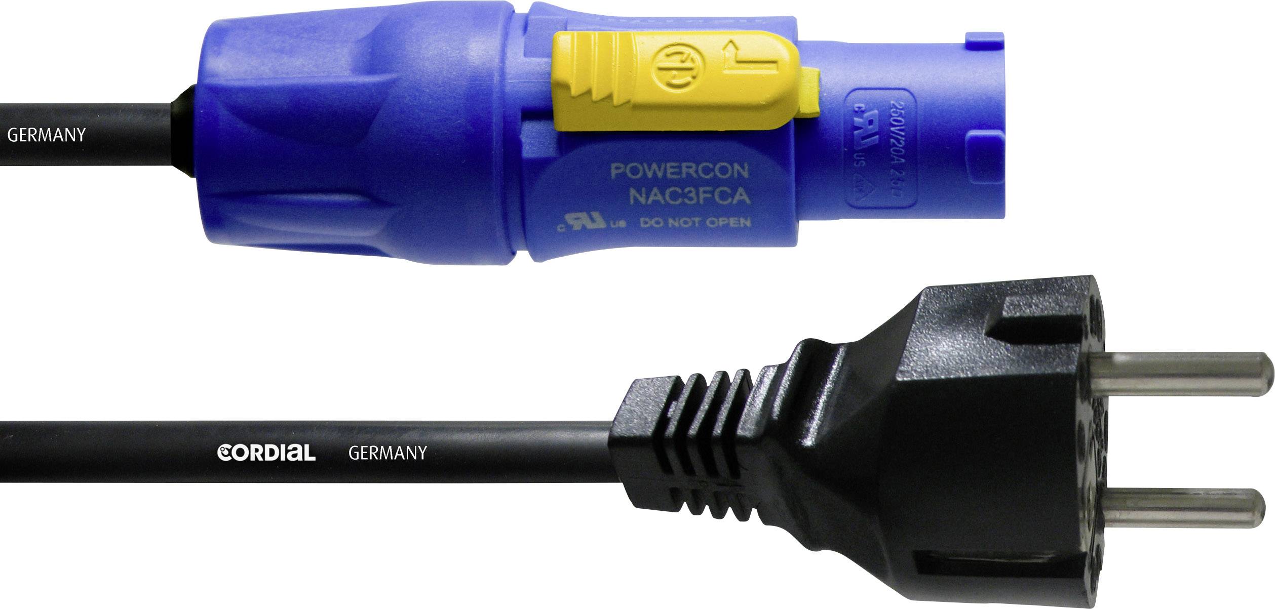 Câble électrique avec connexion PowerCon bleue et connexion Schuko noire de la marque Cordial.