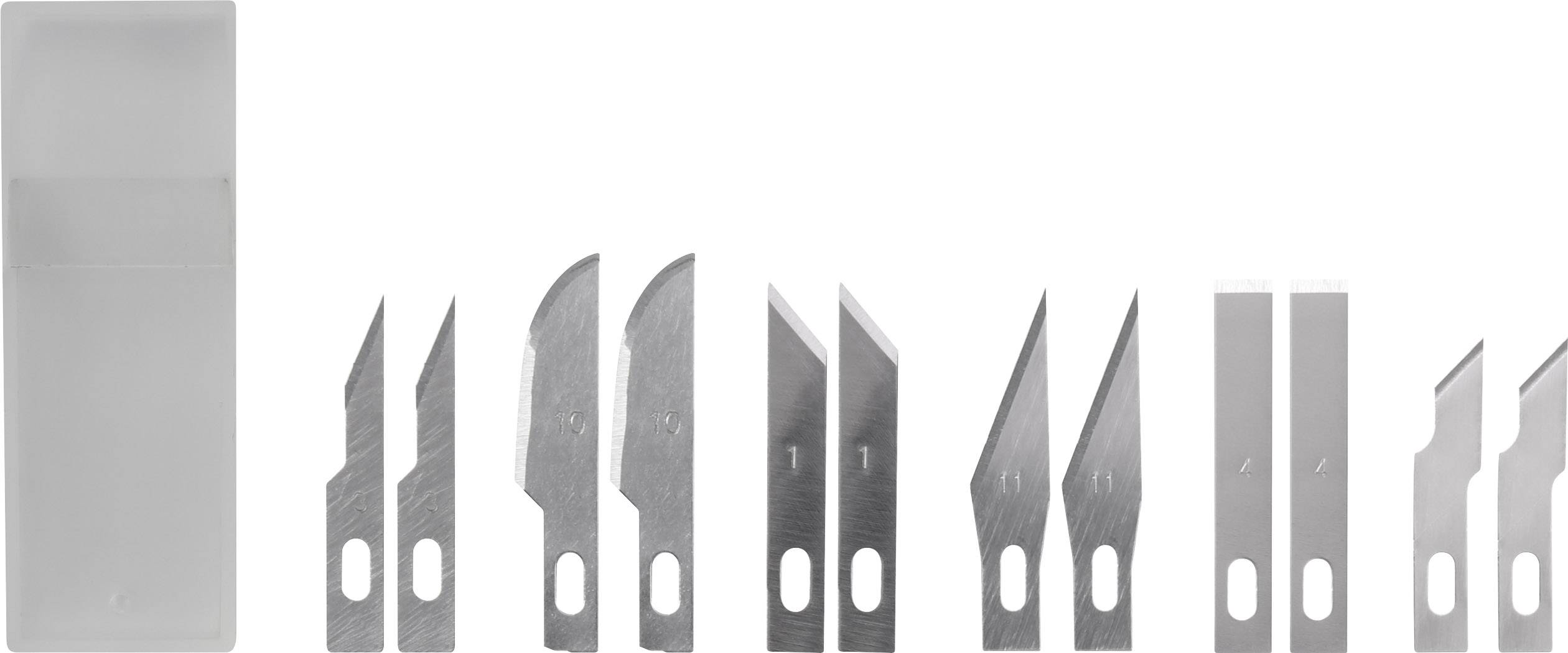 Ensemble de plusieurs lames de scalpel de formes et de tailles différentes, posé à côté d'un boîtier de rangement gris.