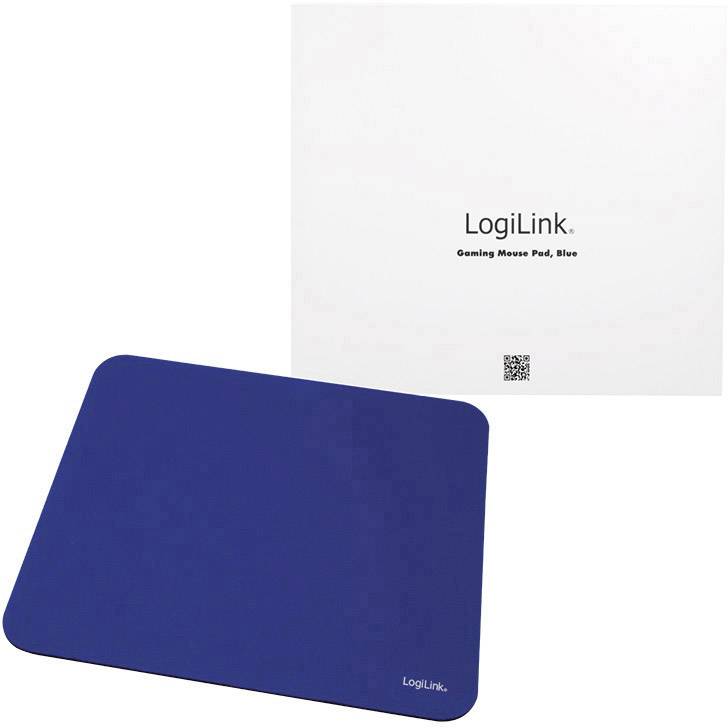 Tapis de souris gaming bleu de LogiLink de forme rectangulaire. L'emballage affiche le nom de la marque et 'Gaming Mouse Pad, Blue'.