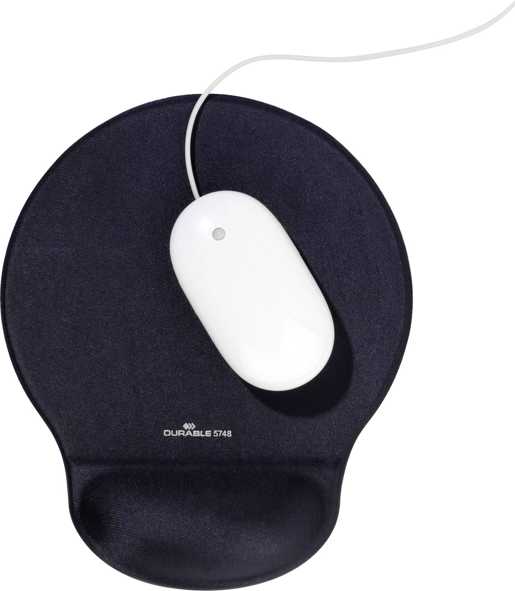 Souris d'ordinateur blanche sur un tapis de souris ergonomique noir avec repose-poignet, vue de dessus.
