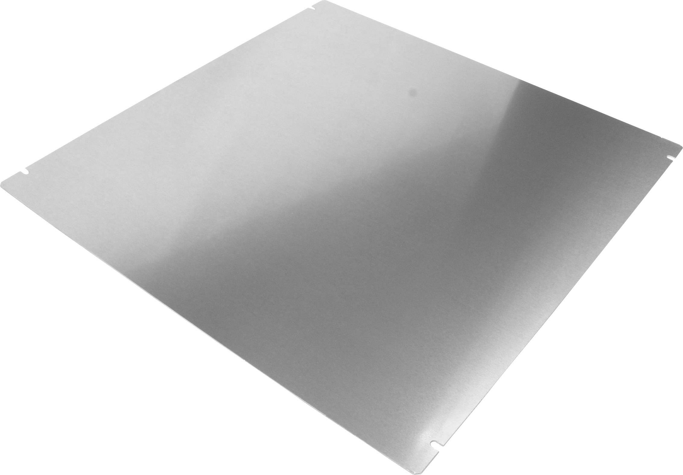 Un morceau de métal brillant, carré avec des coins arrondis, est posé à plat. La surface reflète la lumière.