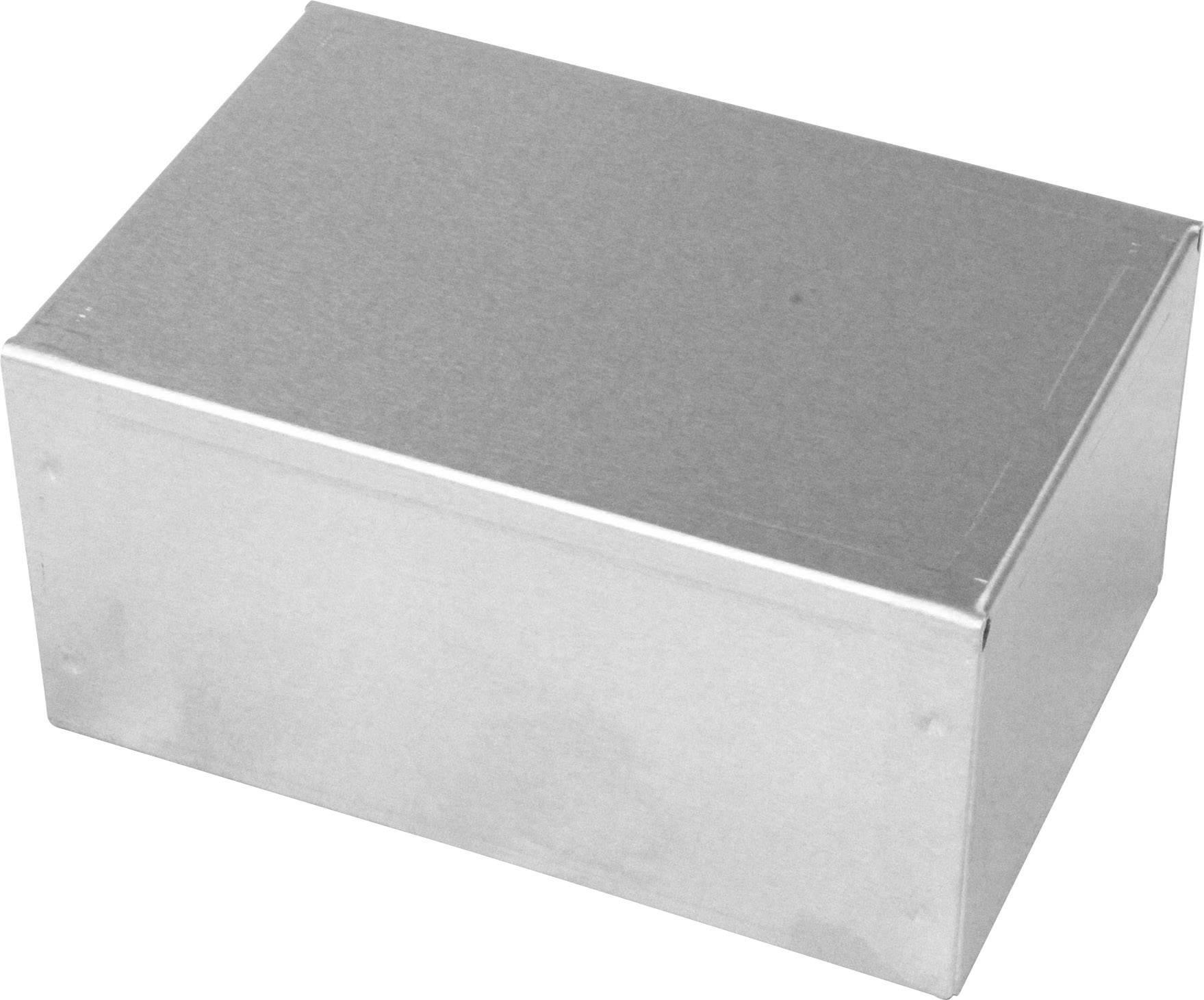 Boîte en métal argenté de forme rectangulaire, fermée.