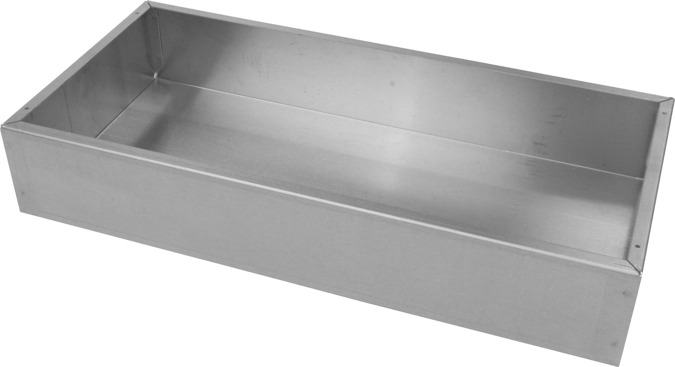 Bac rectangulaire en métal aux parois lisses et au fond plat. Utilisé pour le stockage ou des applications de construction.