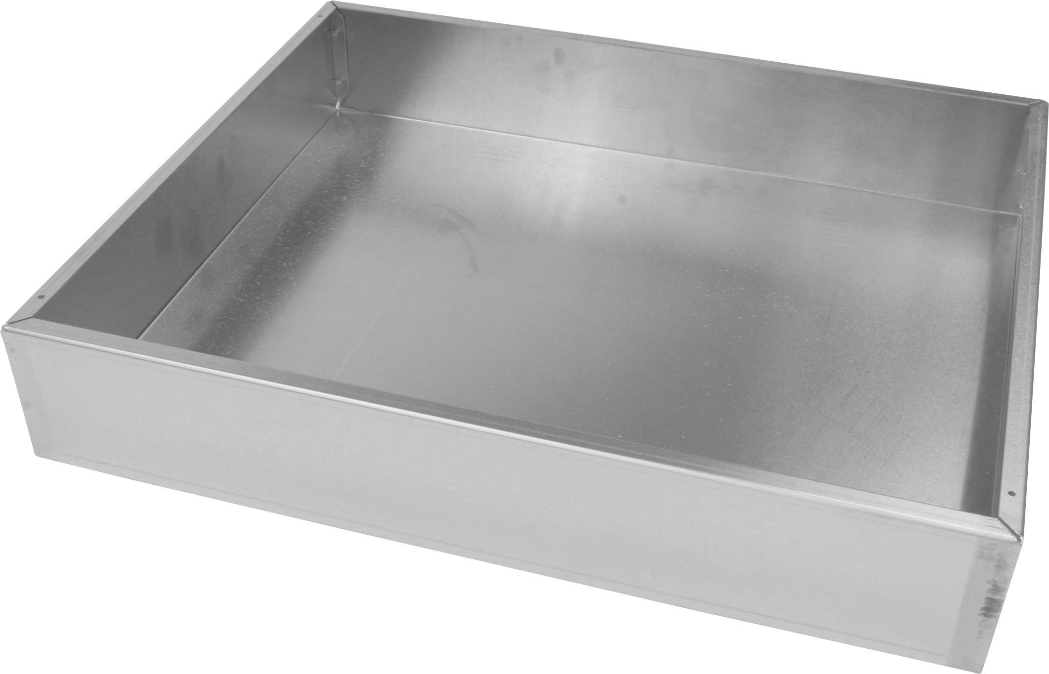 Un plateau rectangulaire en métal avec un rebord surélevé, adapté pour recueillir ou transporter des objets plats.