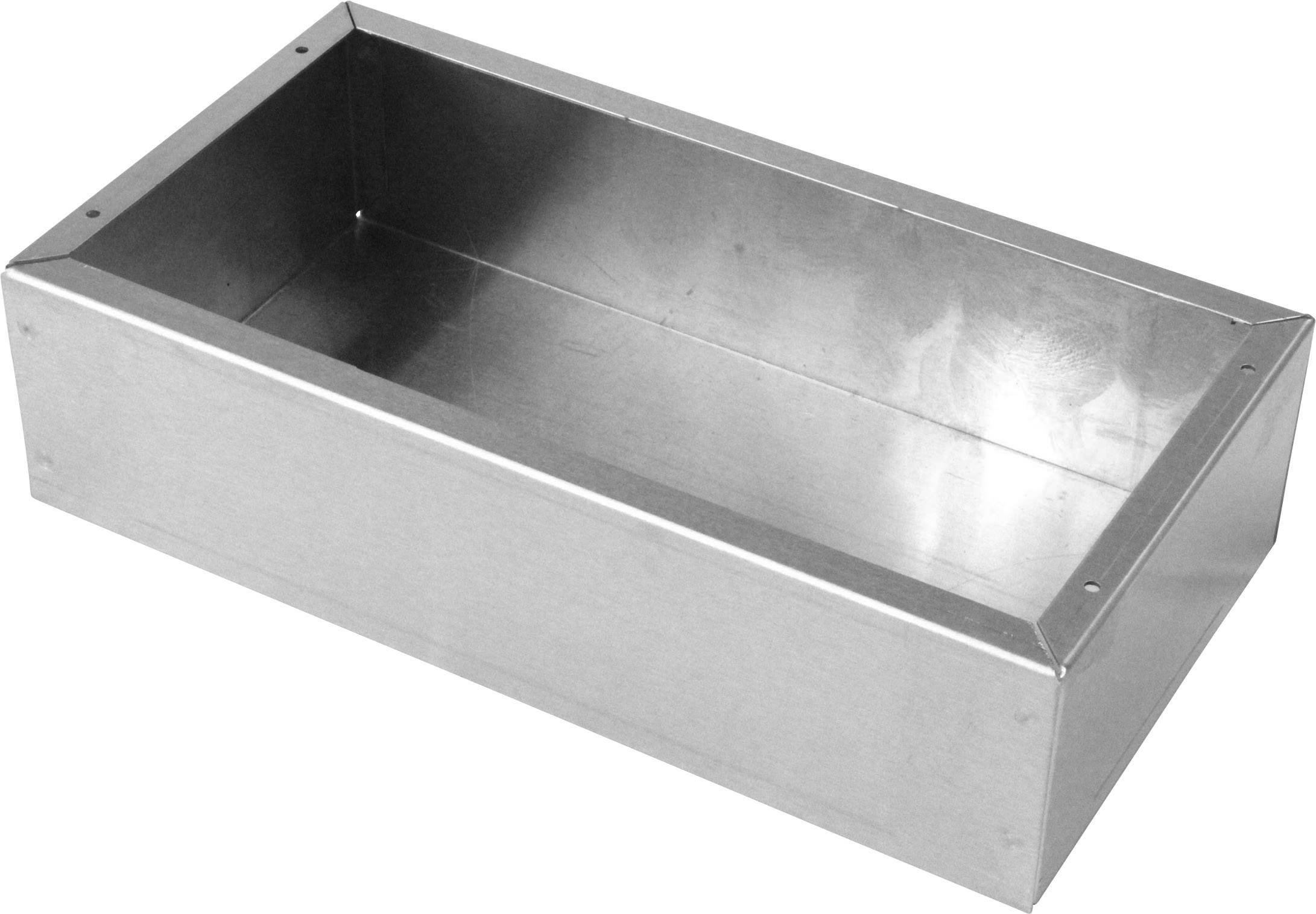 Boîte rectangulaire en métal, bords rectangulaires, couleur argent, qui reflète la lumière.