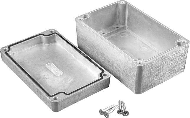 Boîtier en aluminium avec couvercle retiré et quatre vis fournies, adapté pour la protection des composants électroniques.