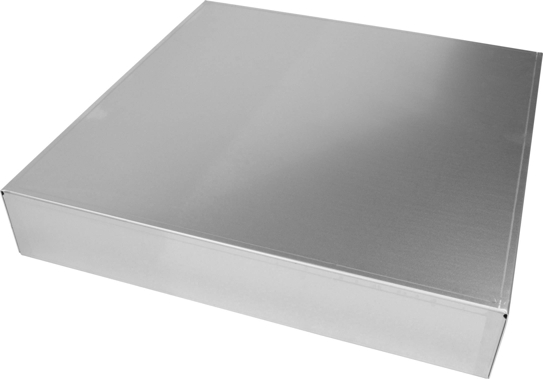Une boîte en métal argenté rectangulaire à surface lisse, sans inscription ni caractéristique distinctive.