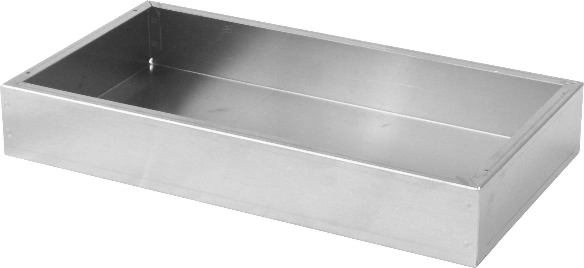 Plateau rectangulaire métallique aux bords plats, adapté au rangement ou à la présentation d'objets.