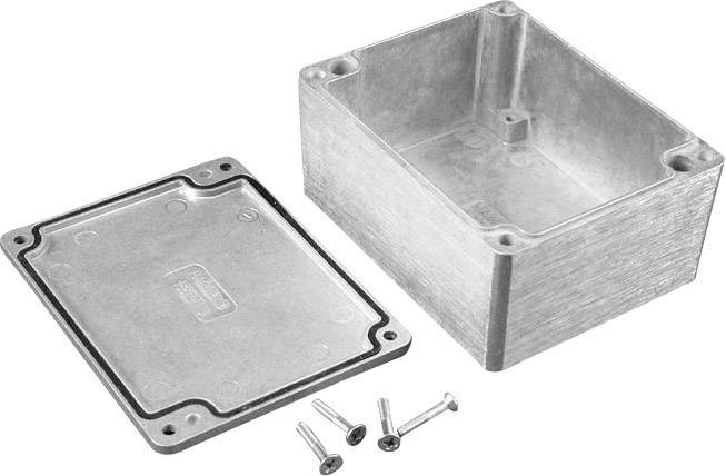 Boîtier en aluminium avec couvercle amovible et quatre vis, adapté aux projets électroniques ou à la protection de composants.