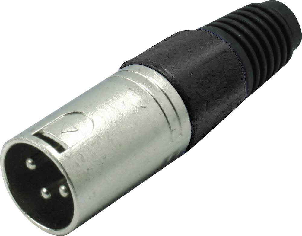 Un connecteur XLR argenté avec un boîtier en plastique noir, couramment utilisé pour les connexions audio professionnelles.