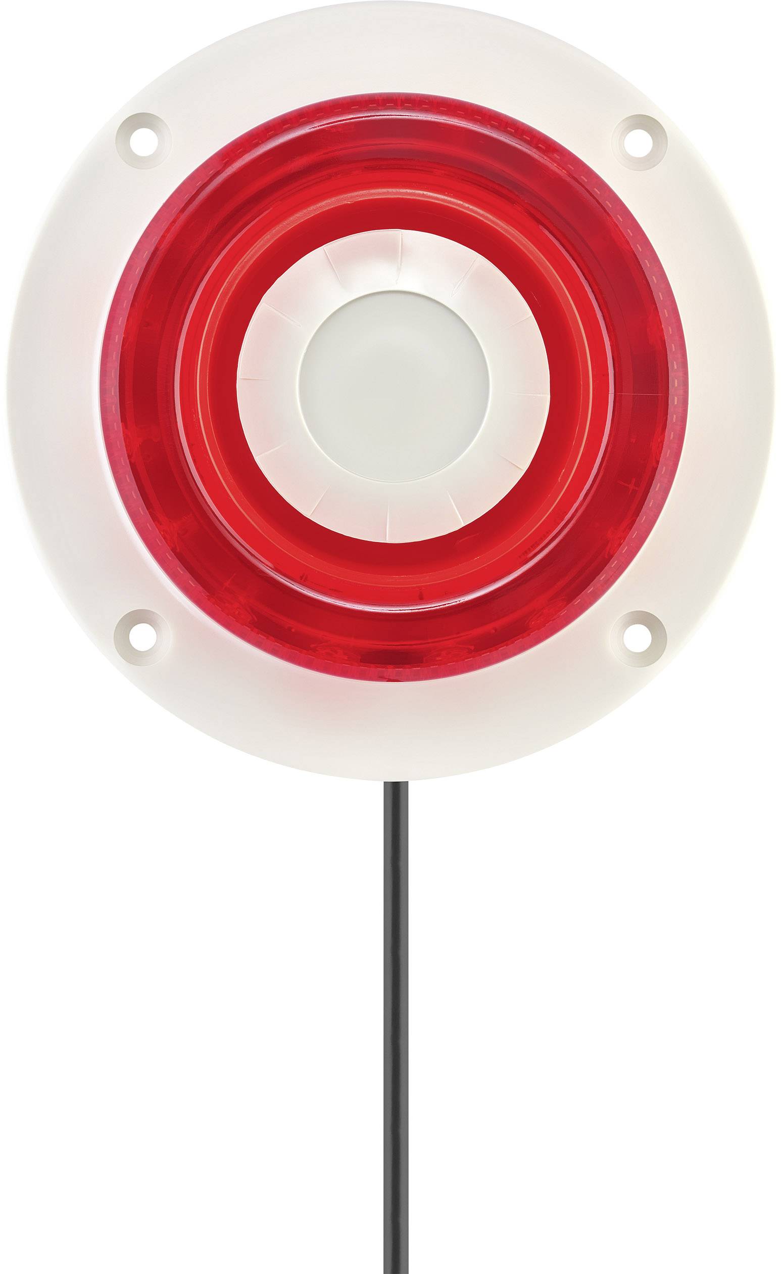 Un voyant rond lumineux rouge avec un contour blanc et quatre points de fixation à vis, relié par un câble noir en dessous.