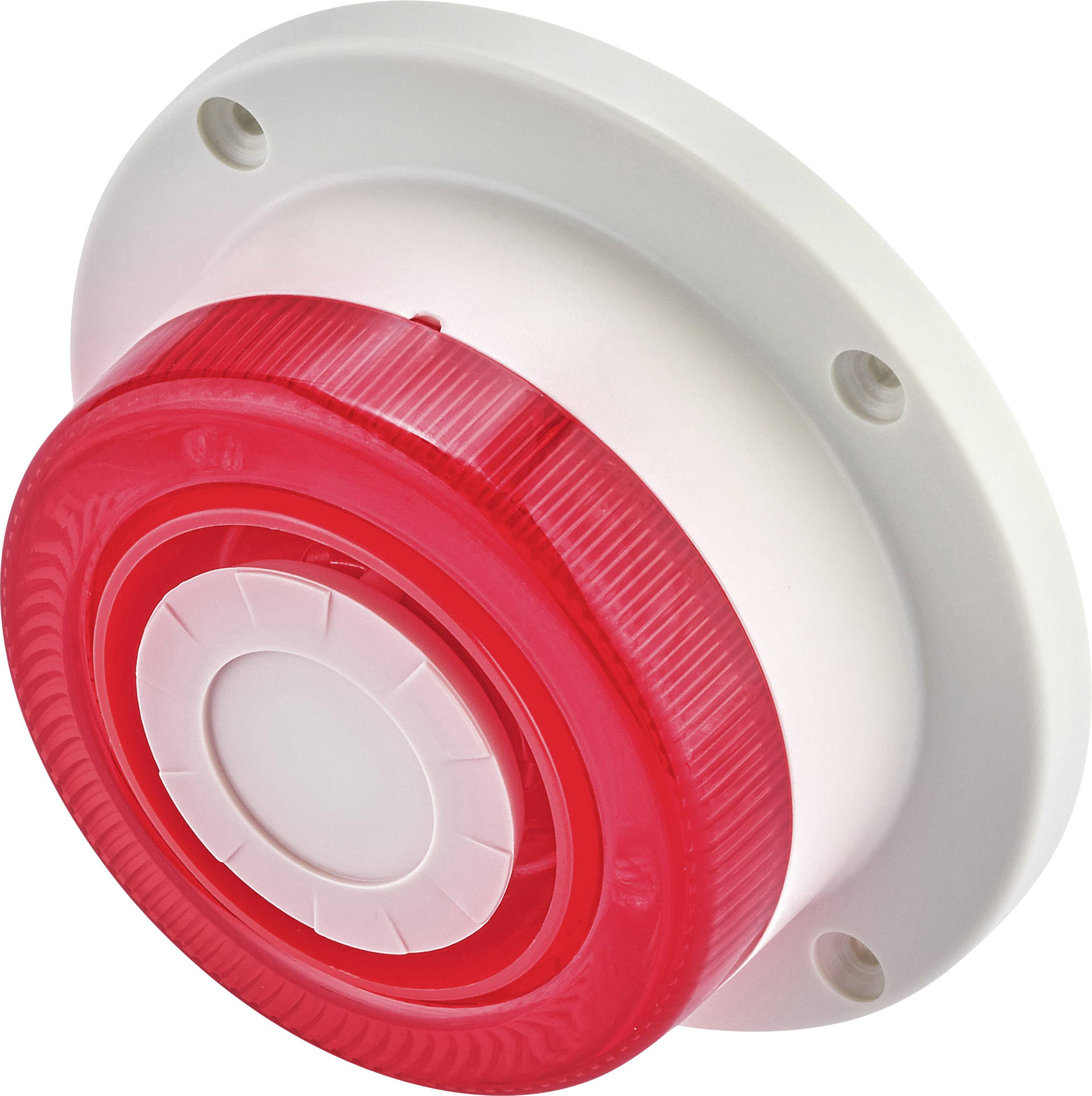 Un bouton d'alarme rond, lumineux en rouge, monté sur une base blanche fixée au mur, sert à l'activation d'un système d'alarme.