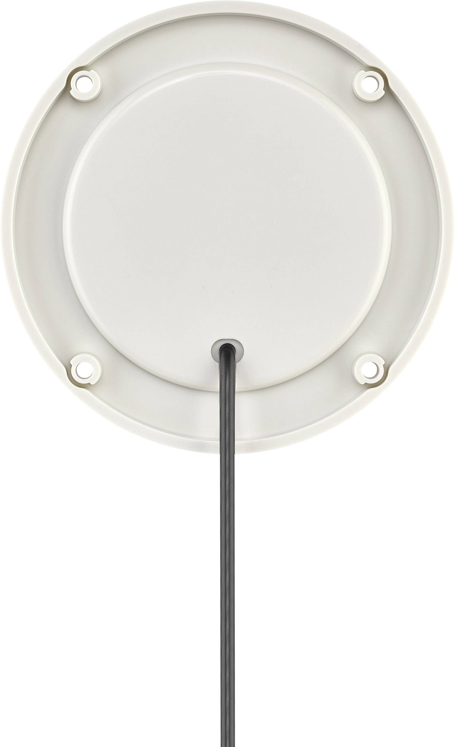 Couvercle rond blanc avec un câble central descendant, fixé à l'arrière par quatre trous de vis visibles.