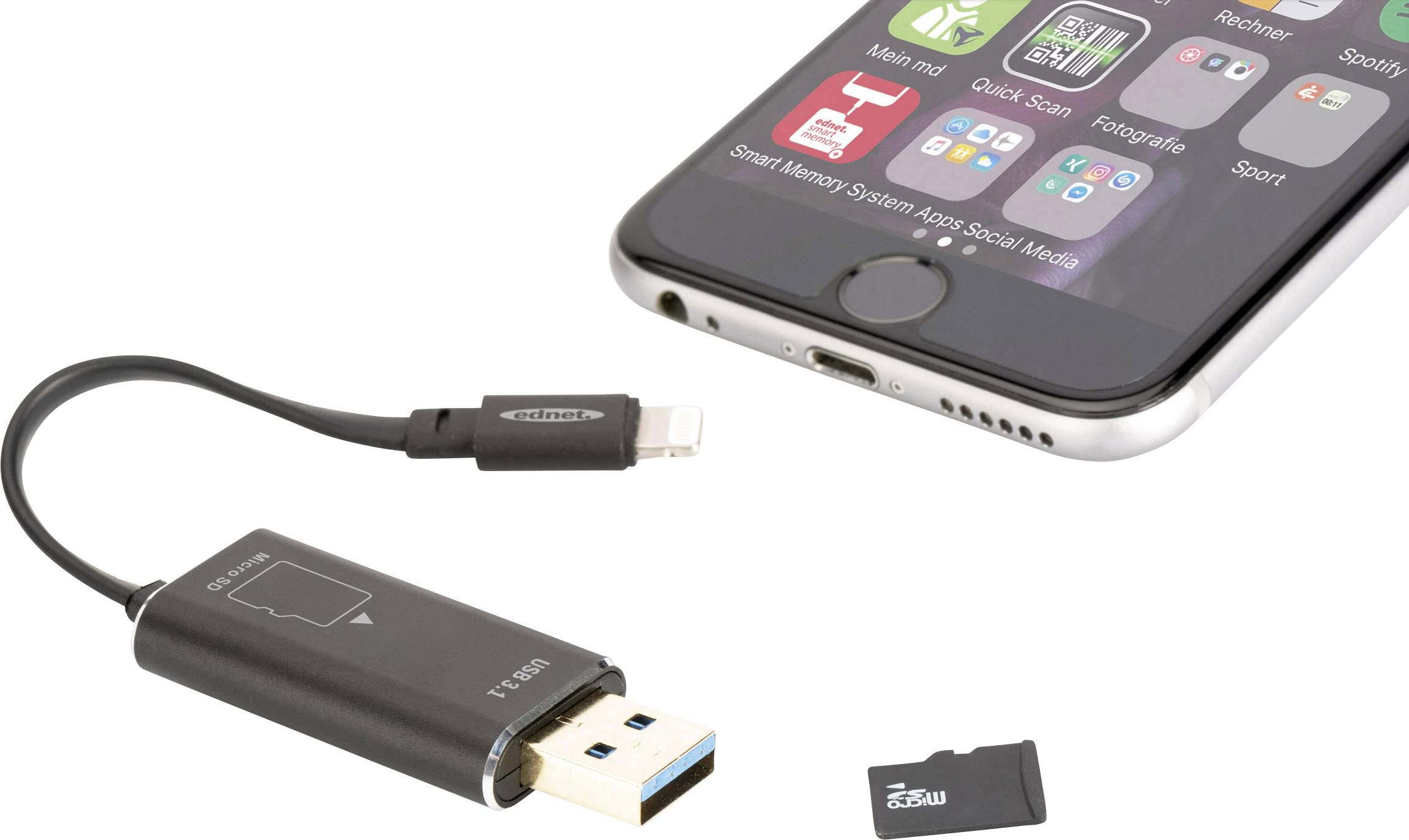 ednet Smart Memory Lecteur de carte mémoire externe noir USB 3.2 (2è gén.) (USB 3.1), Apple Lightning, microSD